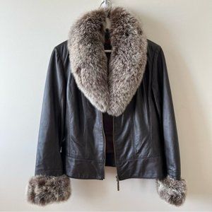 Women’s Vintage Danier Fox Fur Collar Leather Jacket Size Small